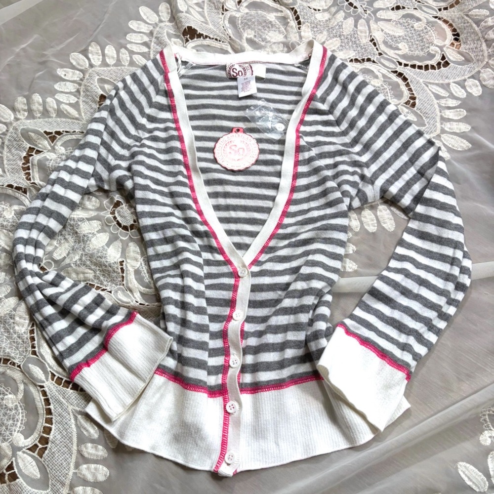 Y2K Preppy SO Authentic Striped V-Neck Cardigan Grey White Pink NWT